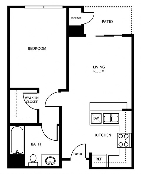 Floor plan for 1 bed, 1 bath, 520 sqft
